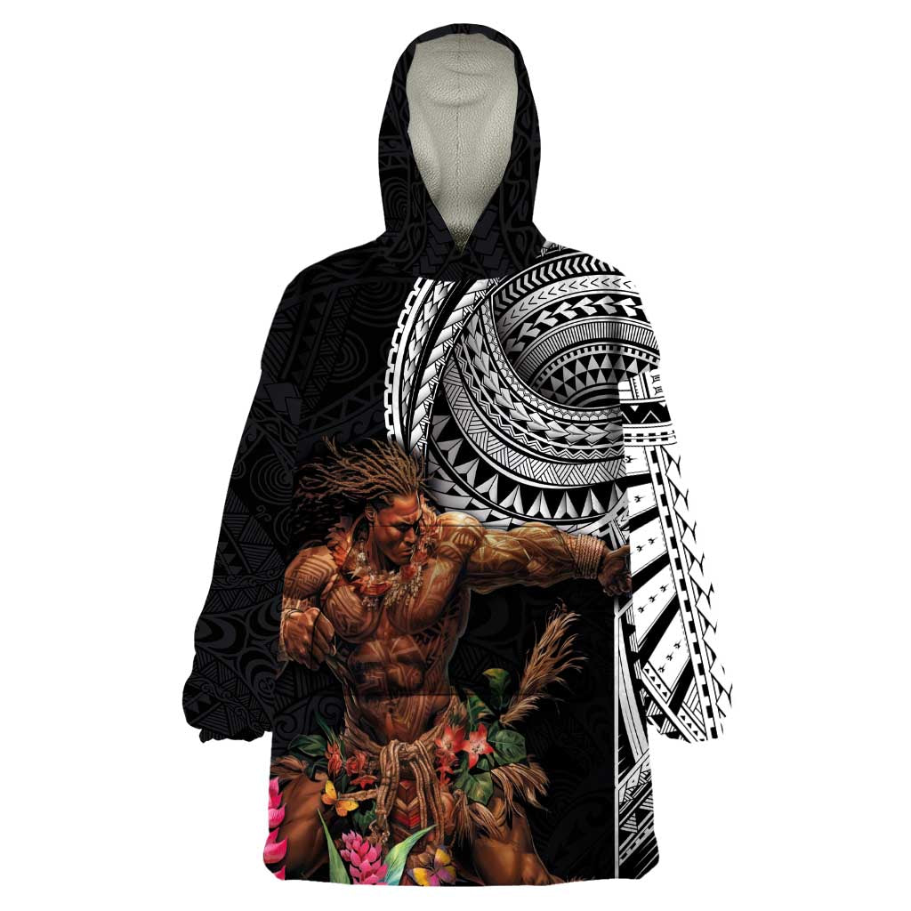 Samoan Warrior Art Tattoo Wearable Blanket Hoodie Polynesian Pattern and Teuila