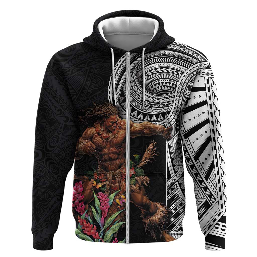 Samoan Warrior Art Tattoo Zip Hoodie Polynesian Pattern and Teuila