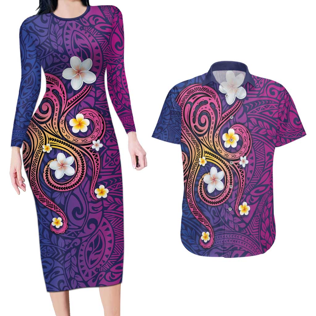 Hawaiian Octopus Tattoo and Frangipani Couples Matching Long Sleeve Bodycon Dress and Hawaiian Shirt LT03 Purple - Polynesian Pride