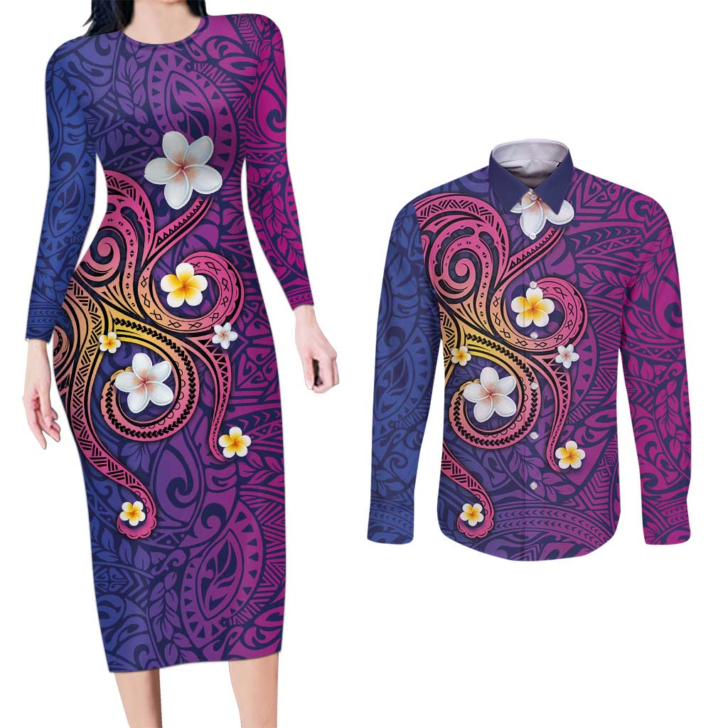 Hawaiian Octopus Tattoo and Frangipani Couples Matching Long Sleeve Bodycon Dress and Long Sleeve Button Shirt LT03 Purple - Polynesian Pride