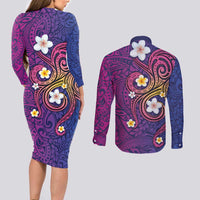 Hawaiian Octopus Tattoo and Frangipani Couples Matching Long Sleeve Bodycon Dress and Long Sleeve Button Shirt LT03 - Polynesian Pride