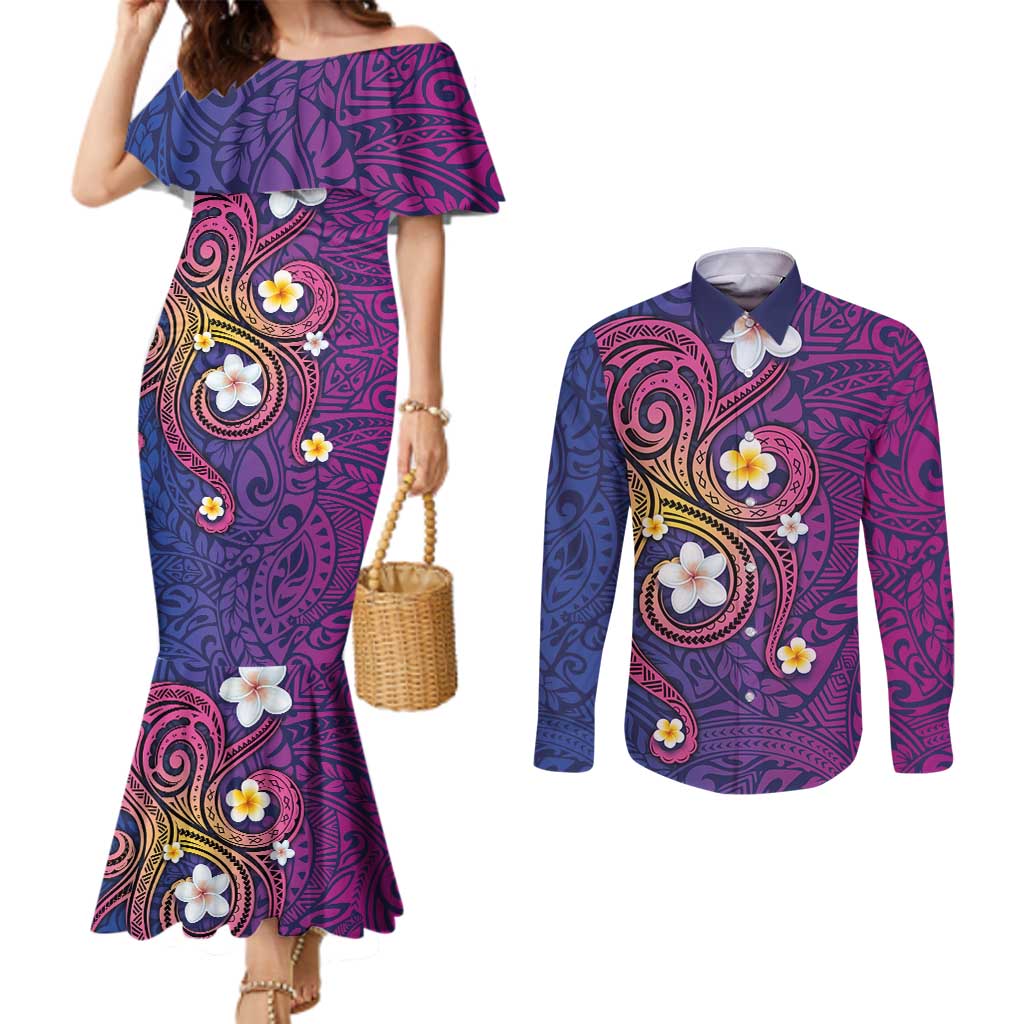 Hawaiian Octopus Tattoo and Frangipani Couples Matching Mermaid Dress and Long Sleeve Button Shirt LT03 Purple - Polynesian Pride