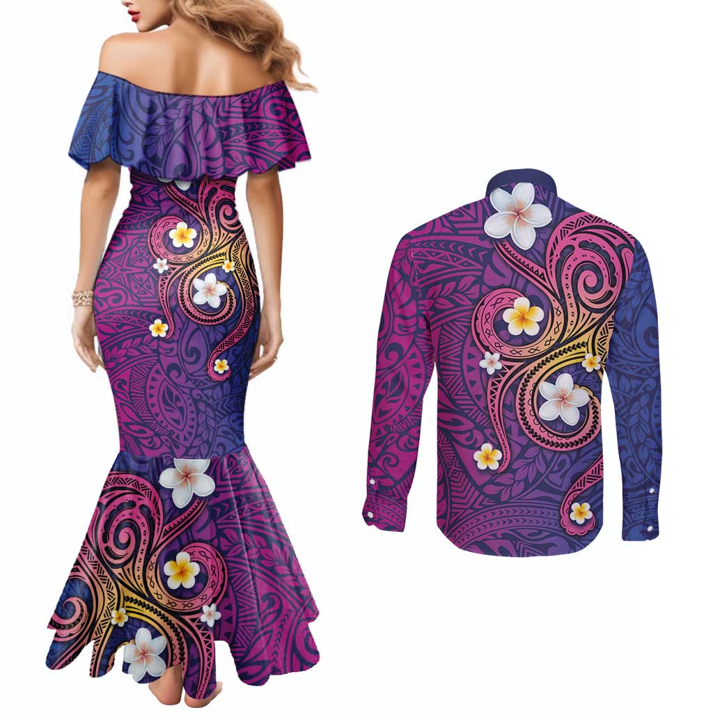 Hawaiian Octopus Tattoo and Frangipani Couples Matching Mermaid Dress and Long Sleeve Button Shirt LT03 - Polynesian Pride