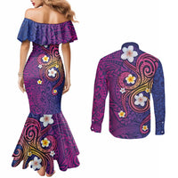Hawaiian Octopus Tattoo and Frangipani Couples Matching Mermaid Dress and Long Sleeve Button Shirt LT03 - Polynesian Pride