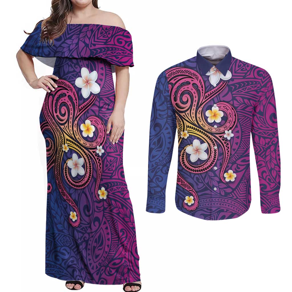 Hawaiian Octopus Tattoo and Frangipani Couples Matching Off Shoulder Maxi Dress and Long Sleeve Button Shirt LT03 Purple - Polynesian Pride