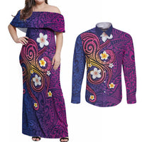 Hawaiian Octopus Tattoo and Frangipani Couples Matching Off Shoulder Maxi Dress and Long Sleeve Button Shirt LT03 Purple - Polynesian Pride