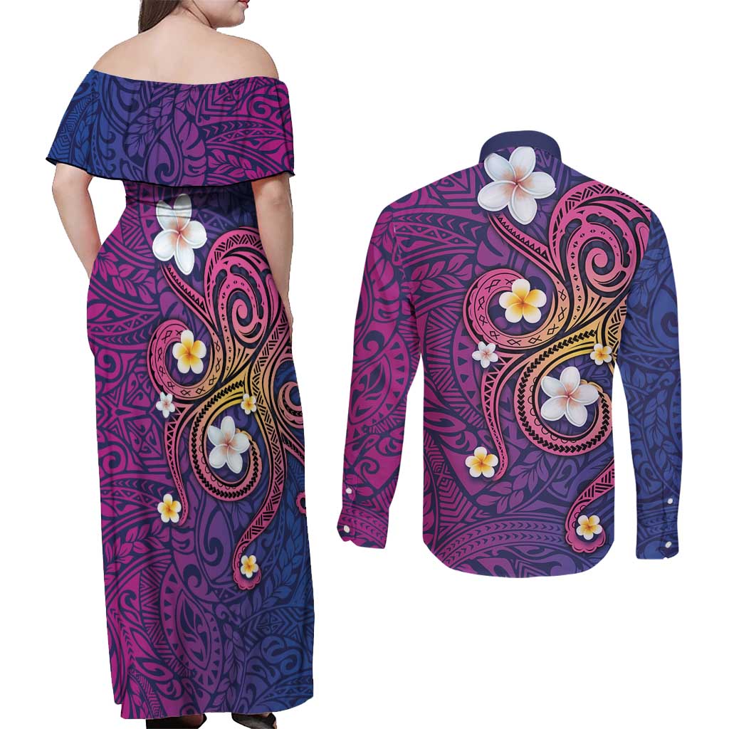 Hawaiian Octopus Tattoo and Frangipani Couples Matching Off Shoulder Maxi Dress and Long Sleeve Button Shirt LT03 - Polynesian Pride