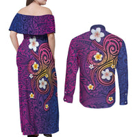 Hawaiian Octopus Tattoo and Frangipani Couples Matching Off Shoulder Maxi Dress and Long Sleeve Button Shirt LT03 - Polynesian Pride