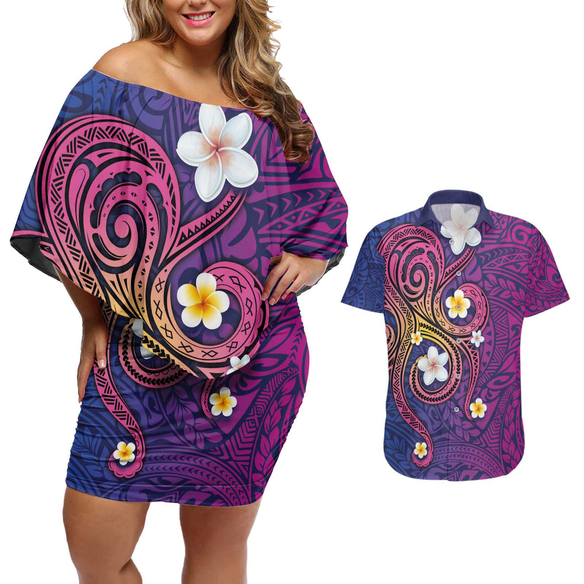 Hawaiian Octopus Tattoo and Frangipani Couples Matching Off Shoulder Short Dress and Hawaiian Shirt LT03 Purple - Polynesian Pride