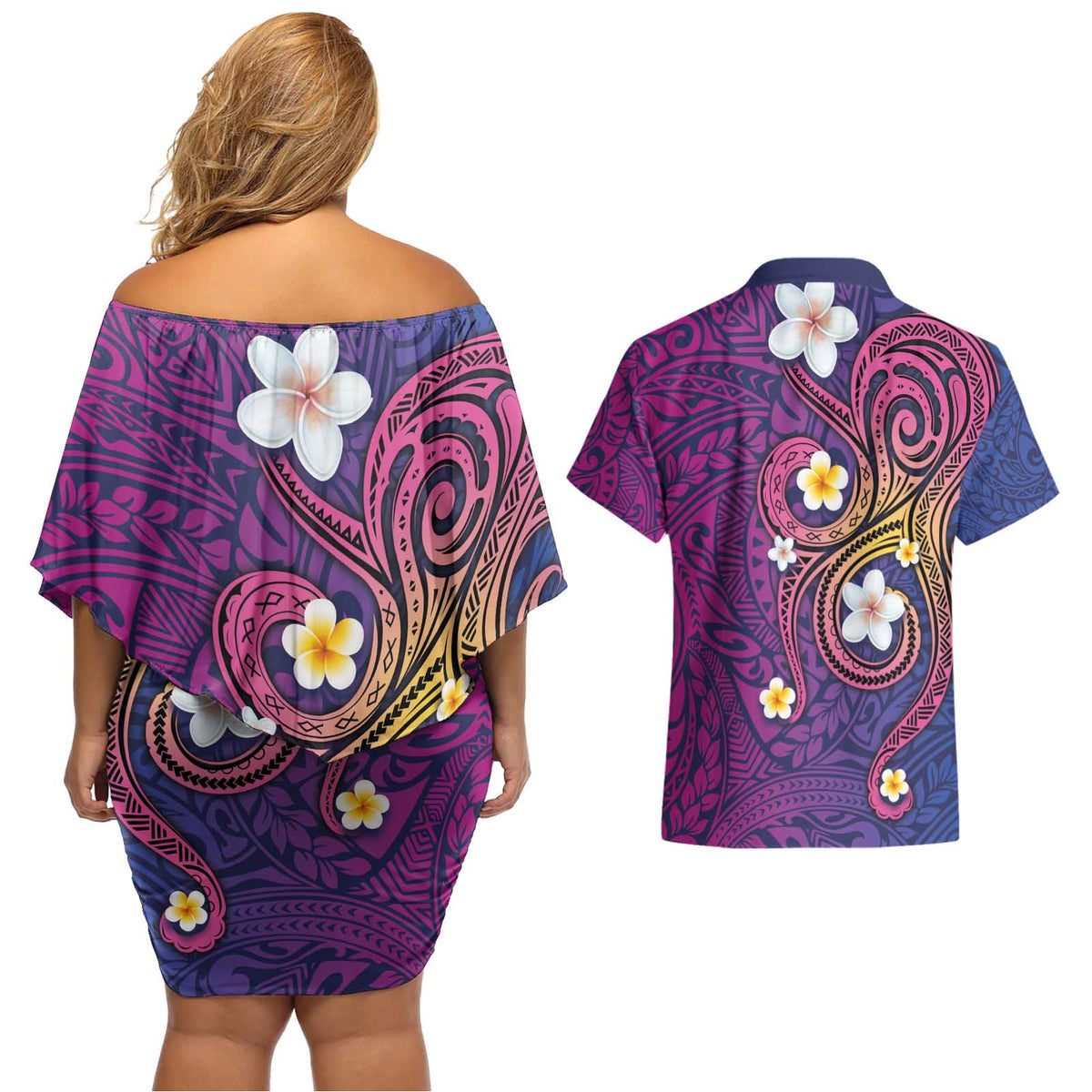 Hawaiian Octopus Tattoo and Frangipani Couples Matching Off Shoulder Short Dress and Hawaiian Shirt LT03 - Polynesian Pride