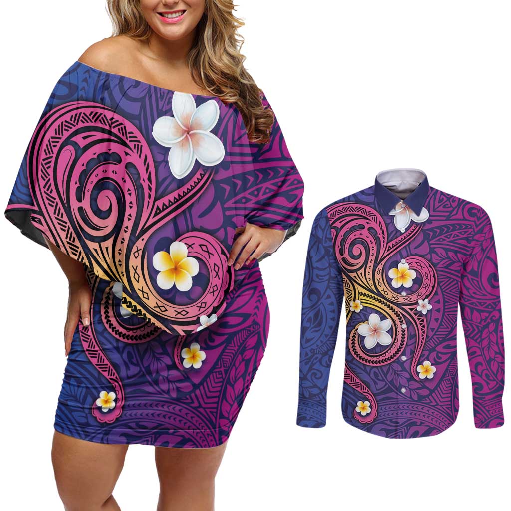 Hawaiian Octopus Tattoo and Frangipani Couples Matching Off Shoulder Short Dress and Long Sleeve Button Shirt LT03 Purple - Polynesian Pride