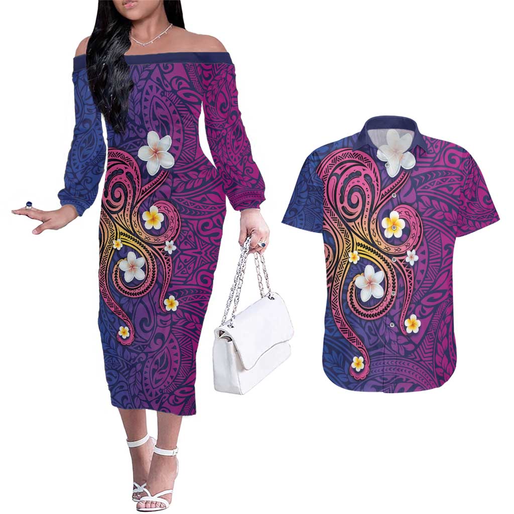 Hawaiian Octopus Tattoo and Frangipani Couples Matching Off The Shoulder Long Sleeve Dress and Hawaiian Shirt LT03 Purple - Polynesian Pride