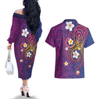 Hawaiian Octopus Tattoo and Frangipani Couples Matching Off The Shoulder Long Sleeve Dress and Hawaiian Shirt LT03 - Polynesian Pride