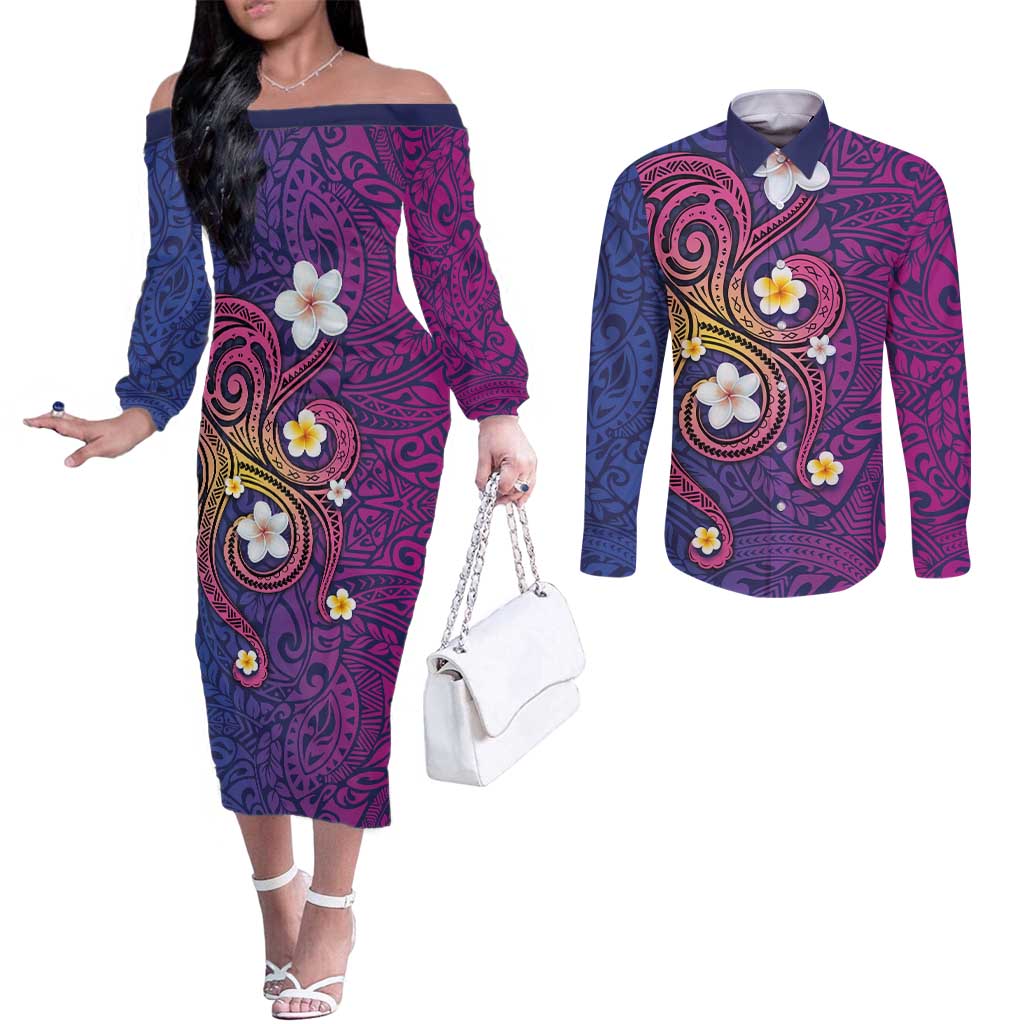 Hawaiian Octopus Tattoo and Frangipani Couples Matching Off The Shoulder Long Sleeve Dress and Long Sleeve Button Shirt LT03 Purple - Polynesian Pride