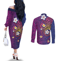 Hawaiian Octopus Tattoo and Frangipani Couples Matching Off The Shoulder Long Sleeve Dress and Long Sleeve Button Shirt LT03 - Polynesian Pride