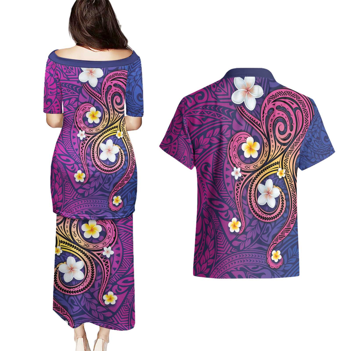 Hawaiian Octopus Tattoo and Frangipani Couples Matching Puletasi and Hawaiian Shirt LT03 - Polynesian Pride