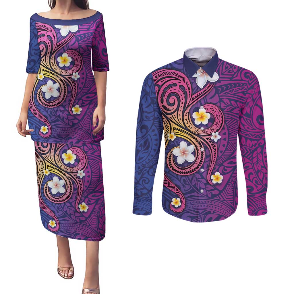 Hawaiian Octopus Tattoo and Frangipani Couples Matching Puletasi and Long Sleeve Button Shirt LT03 Purple - Polynesian Pride