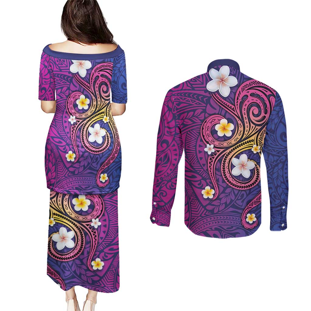 Hawaiian Octopus Tattoo and Frangipani Couples Matching Puletasi and Long Sleeve Button Shirt LT03 - Polynesian Pride