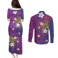Hawaiian Octopus Tattoo and Frangipani Couples Matching Puletasi and Long Sleeve Button Shirt LT03 - Polynesian Pride