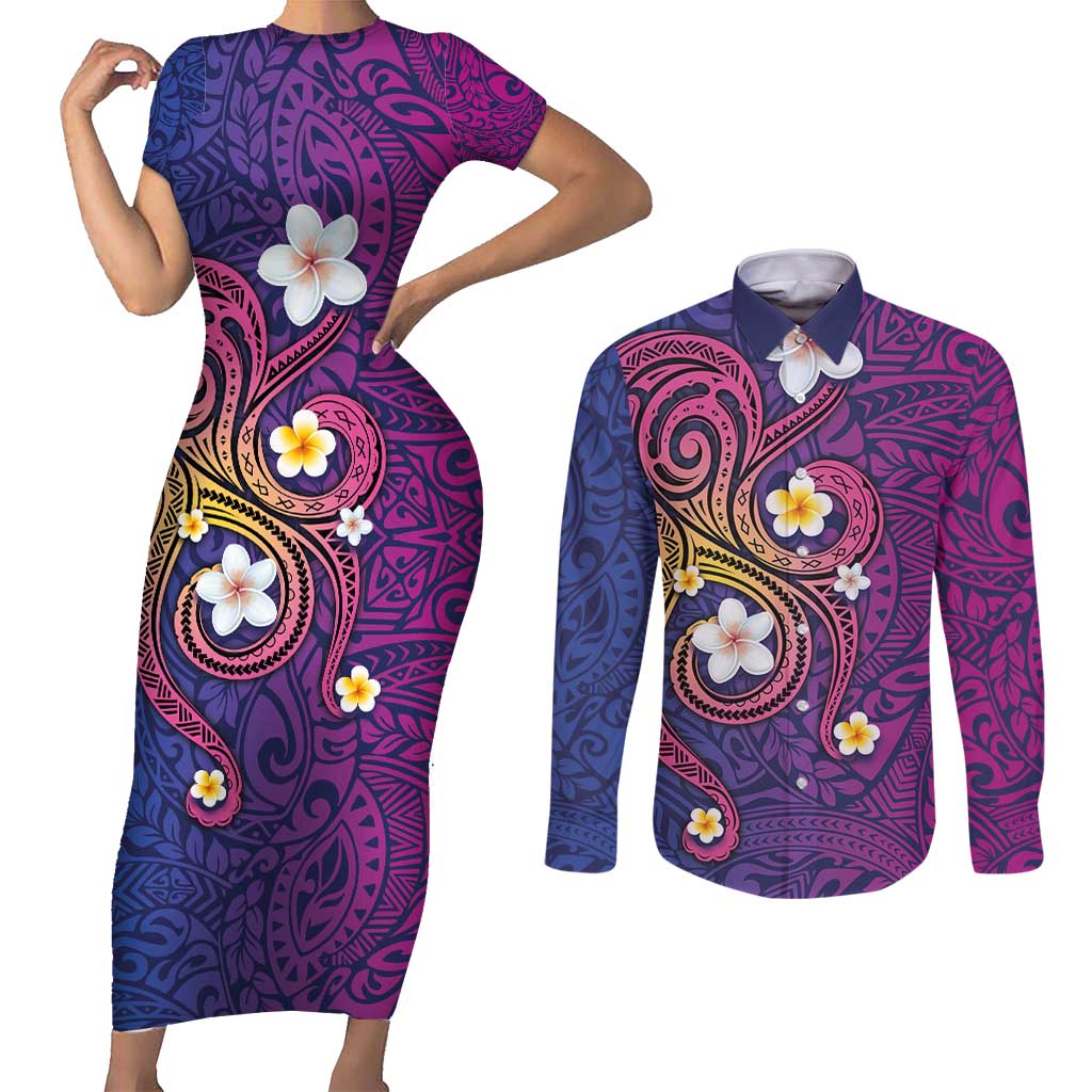 Hawaiian Octopus Tattoo and Frangipani Couples Matching Short Sleeve Bodycon Dress and Long Sleeve Button Shirt LT03 Purple - Polynesian Pride
