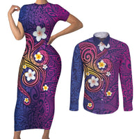 Hawaiian Octopus Tattoo and Frangipani Couples Matching Short Sleeve Bodycon Dress and Long Sleeve Button Shirt LT03 Purple - Polynesian Pride