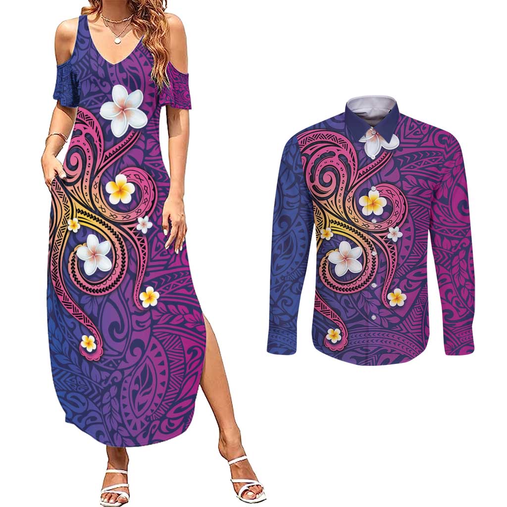 Hawaiian Octopus Tattoo and Frangipani Couples Matching Summer Maxi Dress and Long Sleeve Button Shirt LT03 Purple - Polynesian Pride