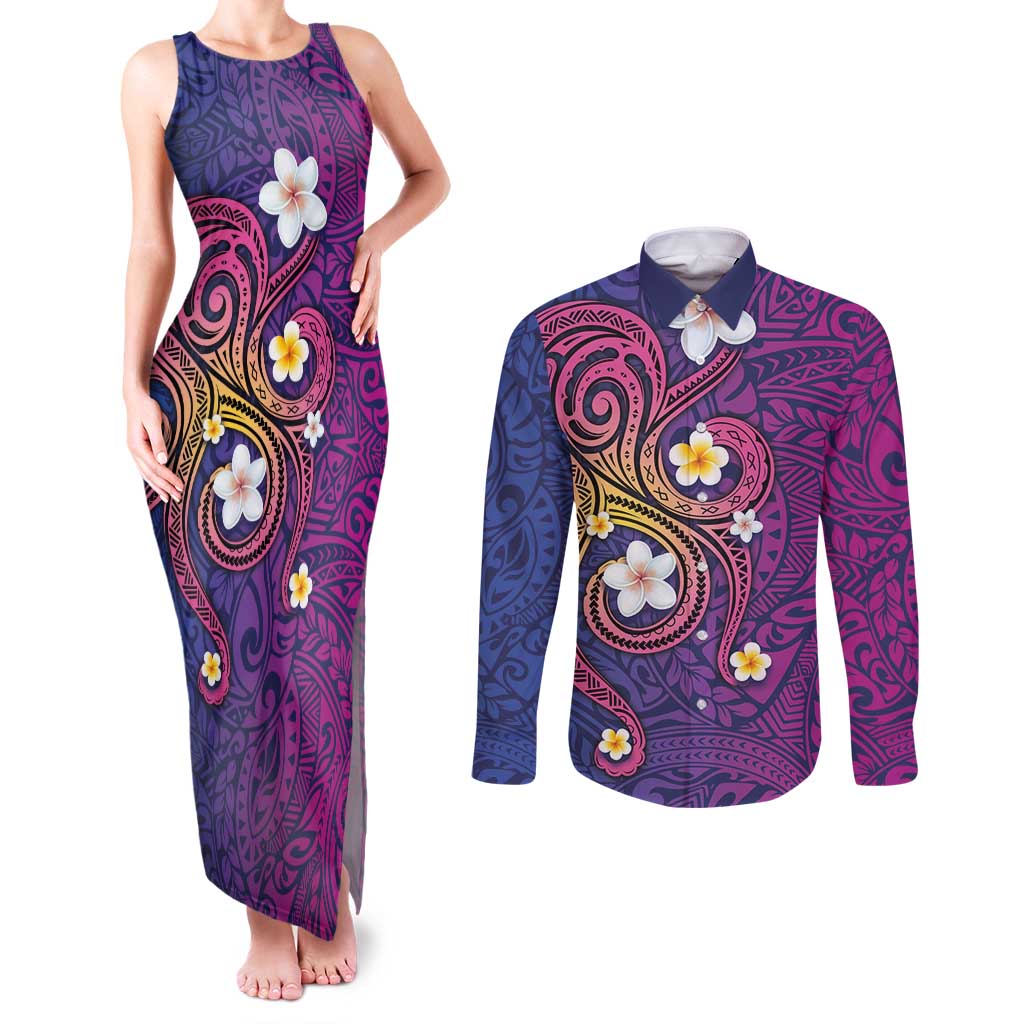 Hawaiian Octopus Tattoo and Frangipani Couples Matching Tank Maxi Dress and Long Sleeve Button Shirt LT03 Purple - Polynesian Pride