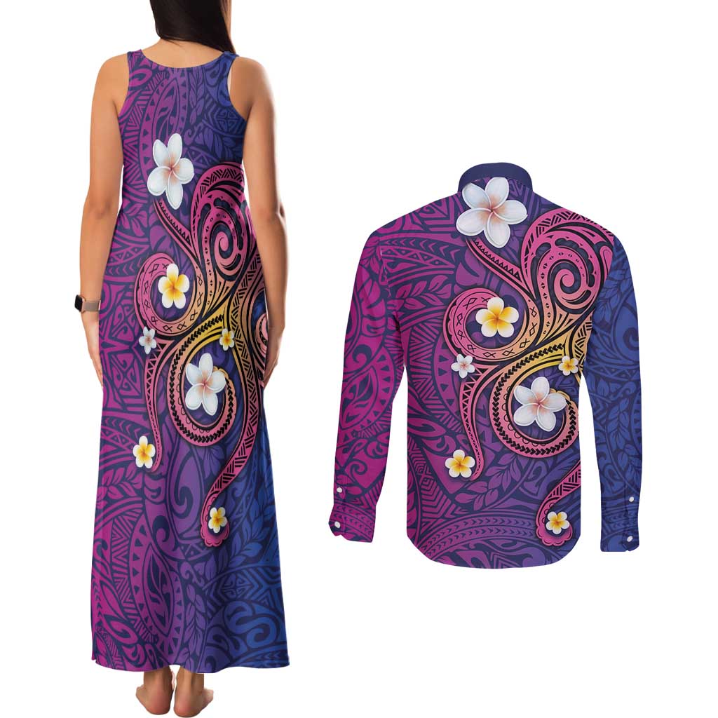 Hawaiian Octopus Tattoo and Frangipani Couples Matching Tank Maxi Dress and Long Sleeve Button Shirt LT03 - Polynesian Pride