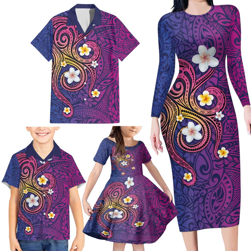 Hawaiian Octopus Tattoo and Frangipani Family Matching Long Sleeve Bodycon Dress and Hawaiian Shirt LT03 - Polynesian Pride