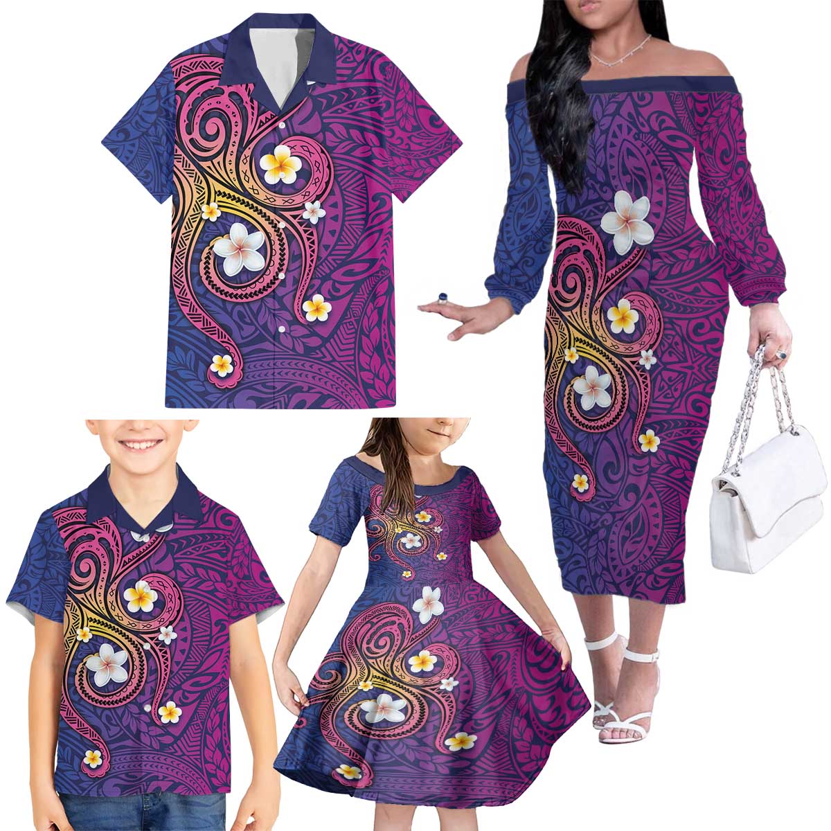 Hawaiian Octopus Tattoo and Frangipani Family Matching Off The Shoulder Long Sleeve Dress and Hawaiian Shirt LT03 - Polynesian Pride