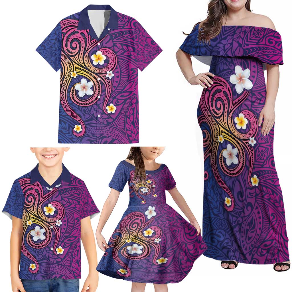 Hawaiian Octopus Tattoo and Frangipani Family Matching Off Shoulder Maxi Dress and Hawaiian Shirt