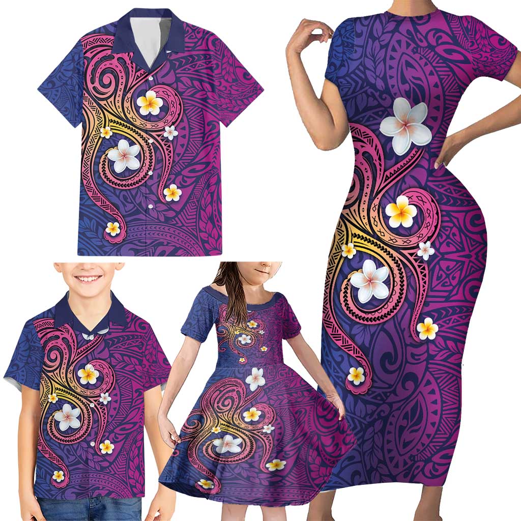 Hawaiian Octopus Tattoo and Frangipani Family Matching Short Sleeve Bodycon Dress and Hawaiian Shirt