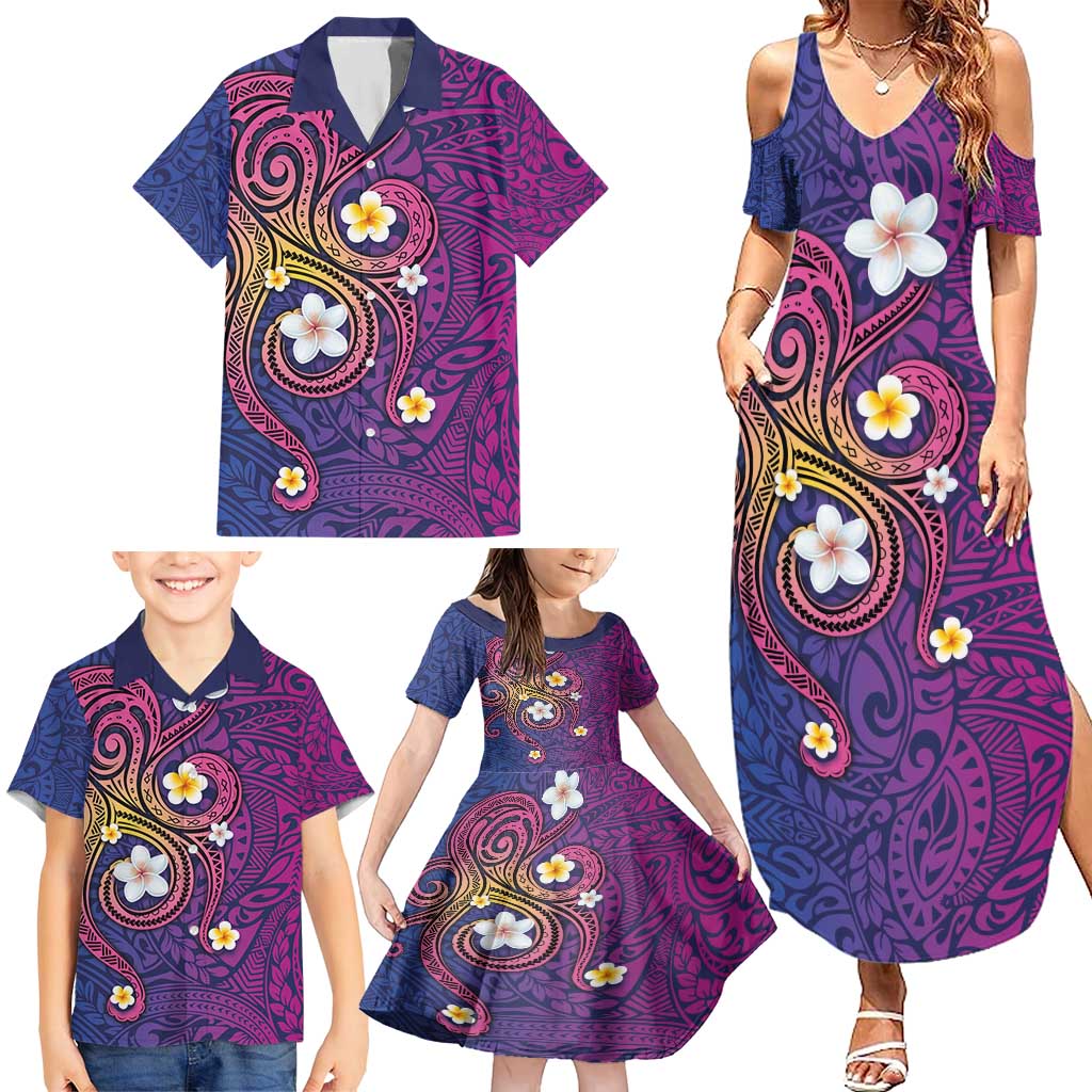 Hawaiian Octopus Tattoo and Frangipani Family Matching Summer Maxi Dress and Hawaiian Shirt