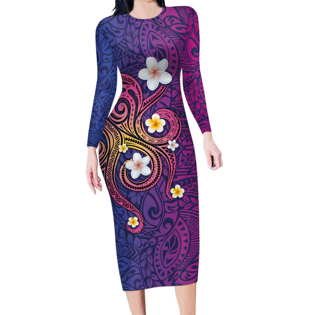 Hawaiian Octopus Tattoo and Frangipani Long Sleeve Bodycon Dress