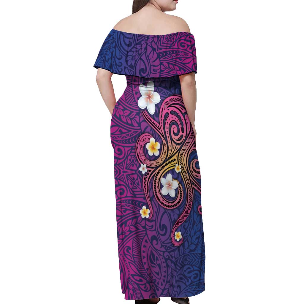 Hawaiian Octopus Tattoo and Frangipani Off Shoulder Maxi Dress LT03 - Polynesian Pride