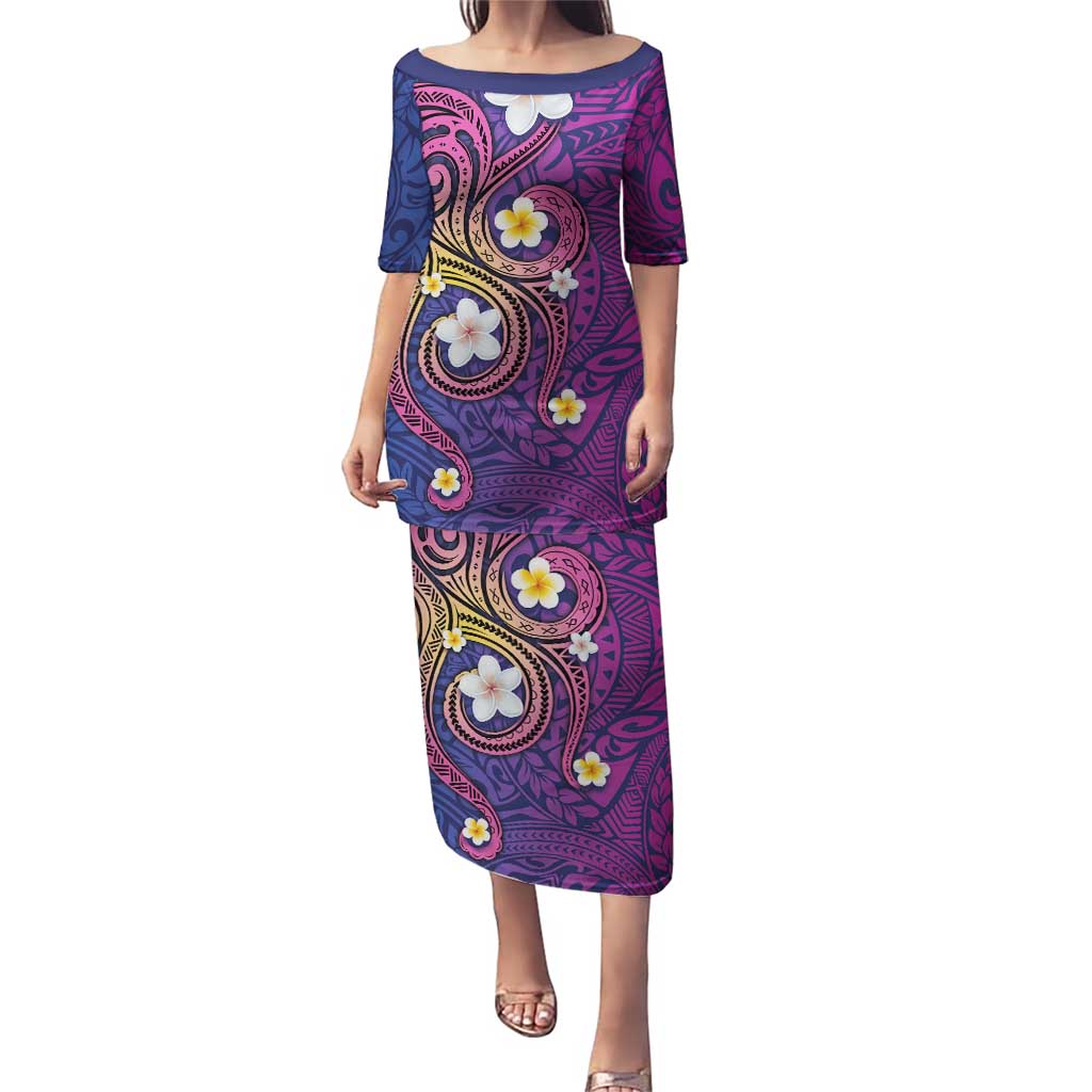 Hawaiian Octopus Tattoo and Frangipani Puletasi LT03 Long Dress Purple - Polynesian Pride