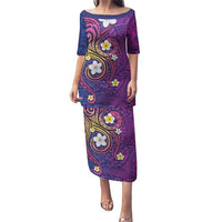Hawaiian Octopus Tattoo and Frangipani Puletasi LT03 Long Dress Purple - Polynesian Pride