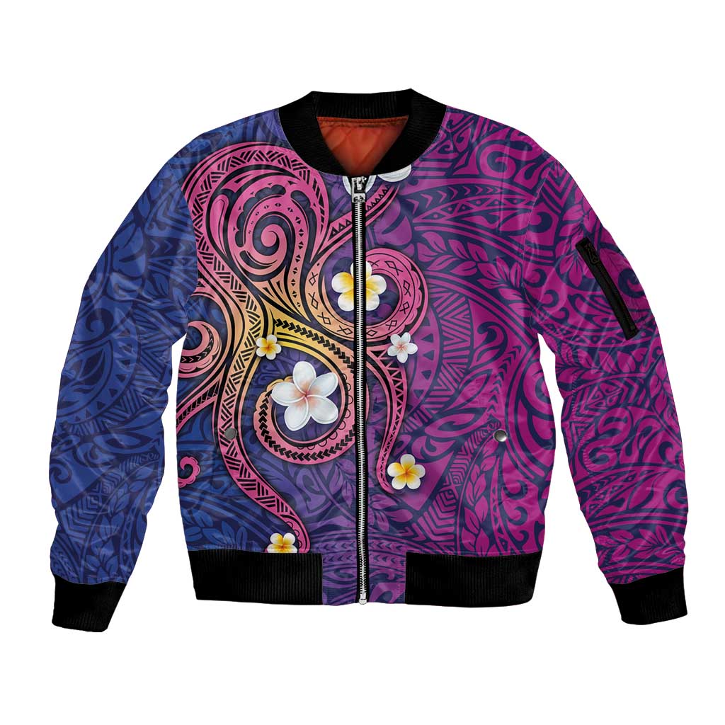 Hawaiian Octopus Tattoo and Frangipani Sleeve Zip Bomber Jacket