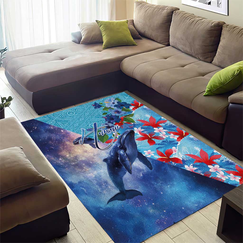 Hawaii Aloha Whales Area Rug Hibiscus and Whales with Polynesian Pattern - Polynesian Pride