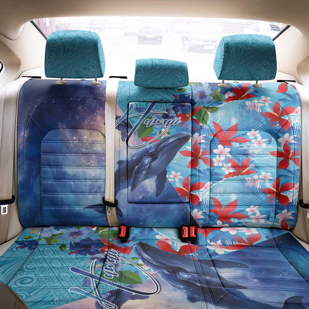 Hawaii Aloha Whales Back Car Seat Cover Hibiscus and Whales with Polynesian Pattern - Polynesian Pride