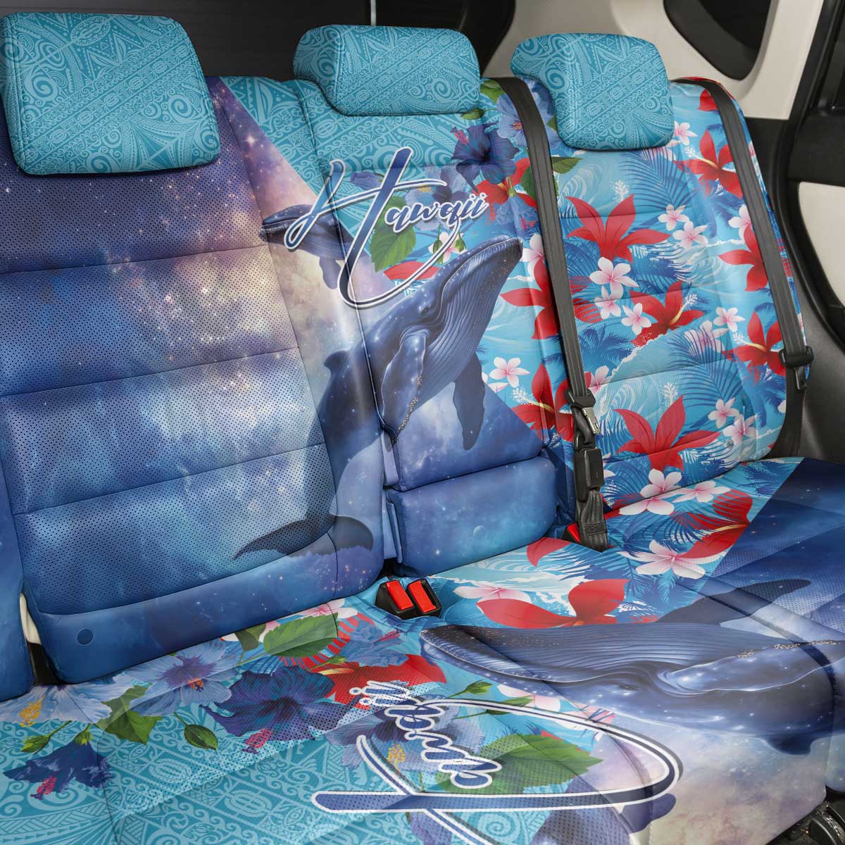 Hawaii Aloha Whales Back Car Seat Cover Hibiscus and Whales with Polynesian Pattern - Polynesian Pride