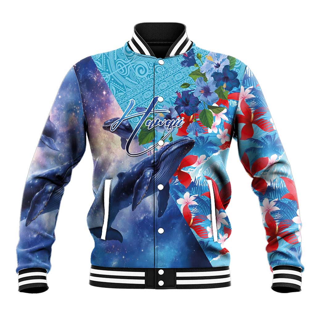 Hawaii Aloha Whales Baseball Jacket Hibiscus and Whales with Polynesian Pattern LT03 Unisex Blue - Polynesian Pride