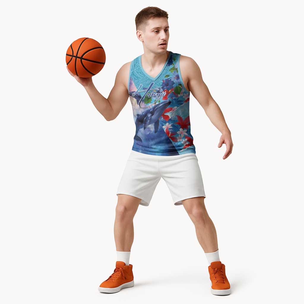 Hawaii Aloha Whales Basketball Jersey Hibiscus and Whales with Polynesian Pattern - Polynesian Pride