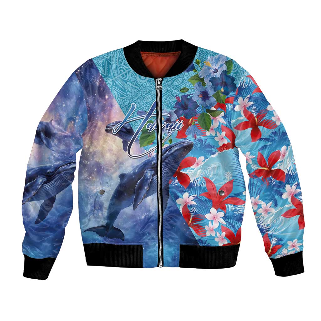 Hawaii Aloha Whales Bomber Jacket Hibiscus and Whales with Polynesian Pattern - Polynesian Pride