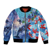 Hawaii Aloha Whales Bomber Jacket Hibiscus and Whales with Polynesian Pattern - Polynesian Pride