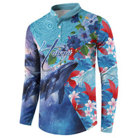 Hawaii Aloha Whales Button Sweatshirt Hibiscus and Whales with Polynesian Pattern LT03 - Polynesian Pride