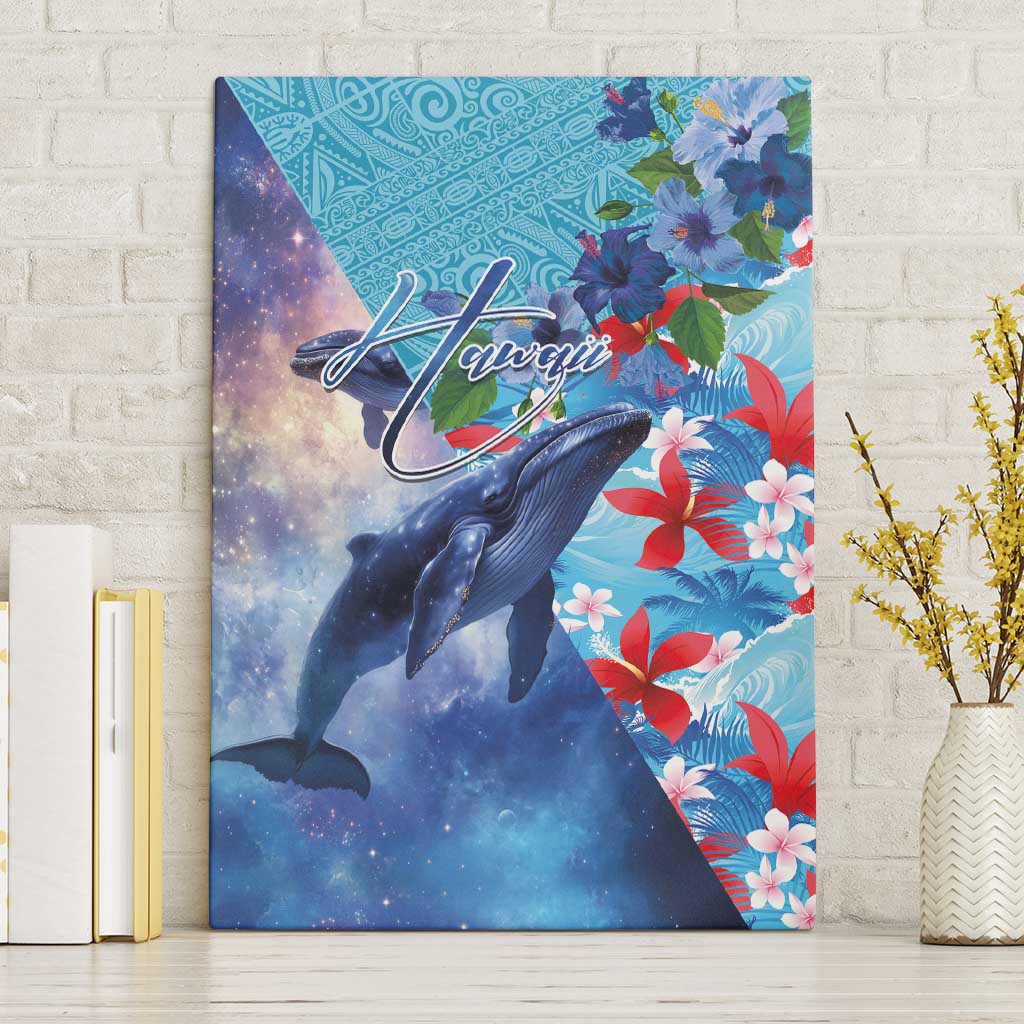 Hawaii Aloha Whales Canvas Wall Art Hibiscus and Whales with Polynesian Pattern LT03 Without Frame Blue - Polynesian Pride