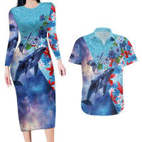 Hawaii Aloha Whales Couples Matching Long Sleeve Bodycon Dress and Hawaiian Shirt Hibiscus and Whales with Polynesian Pattern LT03 Blue - Polynesian Pride