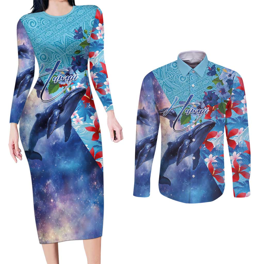 Hawaii Aloha Whales Couples Matching Long Sleeve Bodycon Dress and Long Sleeve Button Shirt Hibiscus and Whales with Polynesian Pattern LT03 Blue - Polynesian Pride