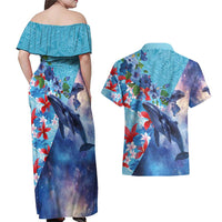 Hawaii Aloha Whales Couples Matching Off Shoulder Maxi Dress and Hawaiian Shirt Hibiscus and Whales with Polynesian Pattern LT03 - Polynesian Pride